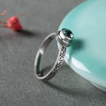 Sterling Silver Rings Vintage Flower Carved Inlaid Natural Green Crystal